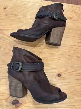 JELLYPOP Chloe Brown Peep-Toe Ankle Booties with Buckle Strap